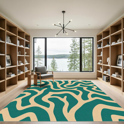 Teal Beige Abstract Wavy Lines Rug