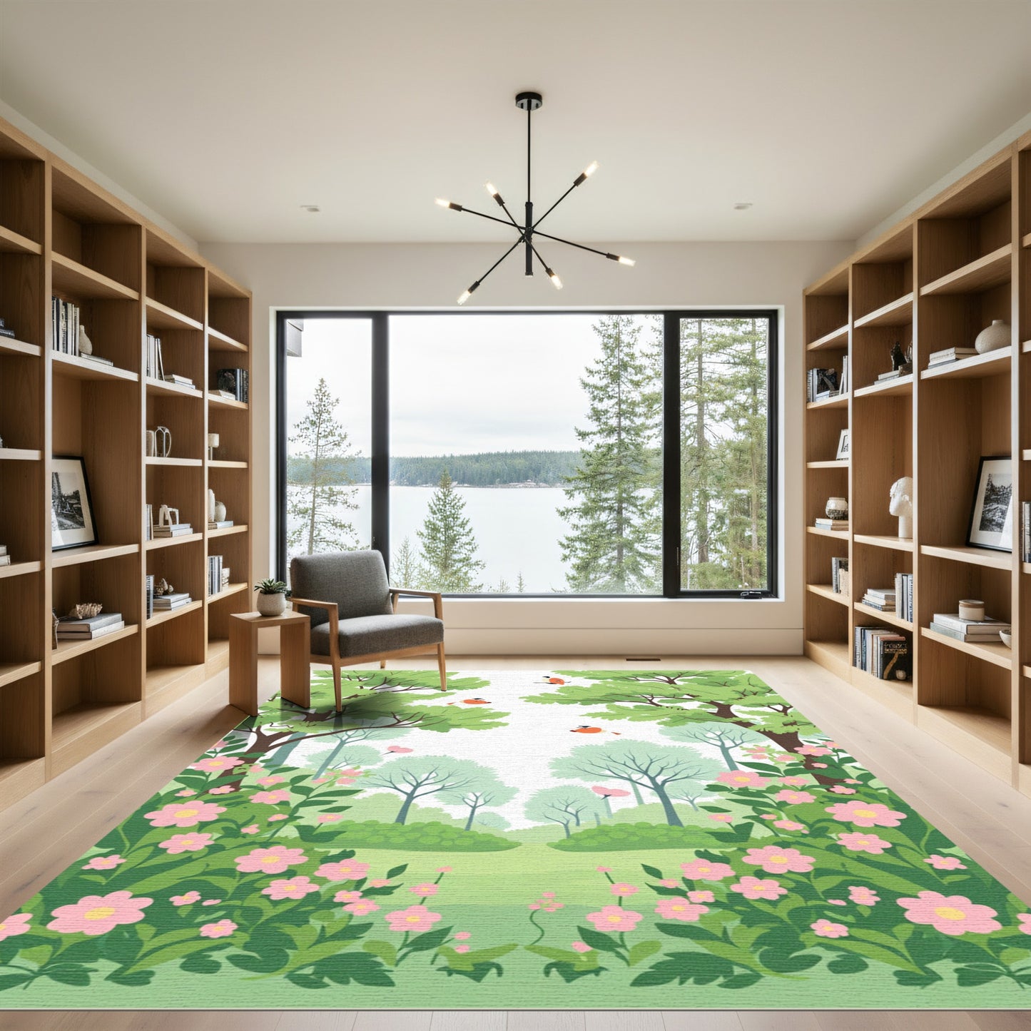 Whimsical Pink Floral Bird Forest Rug