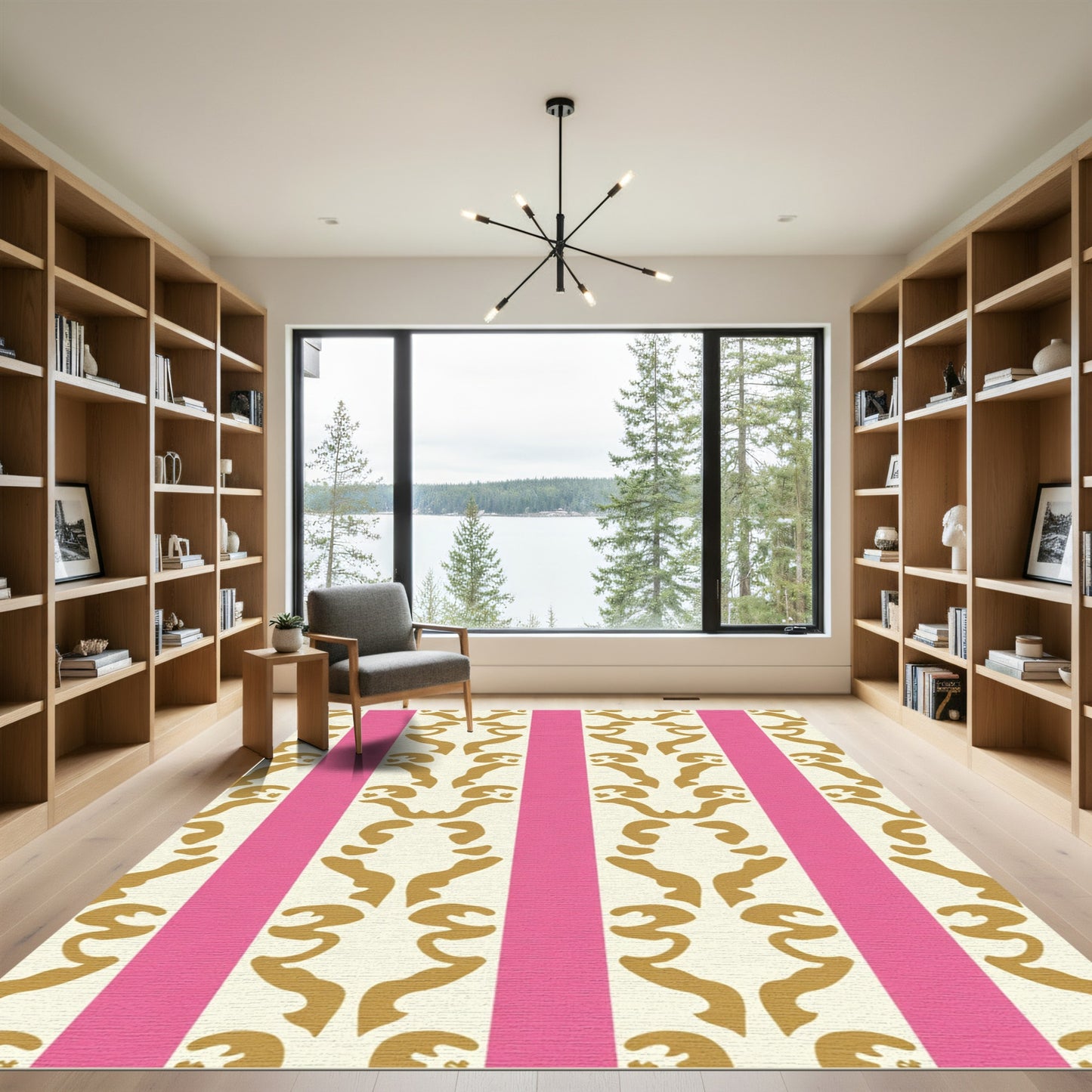 Golden Abstract Stripes Pink Rug