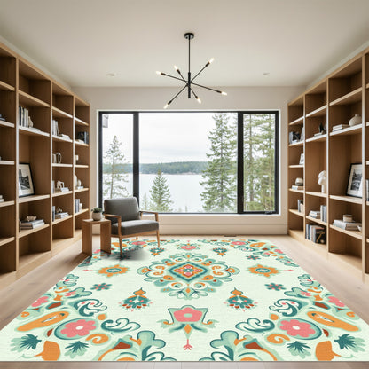 Soft Teal Pink Orange Floral Damask Rug