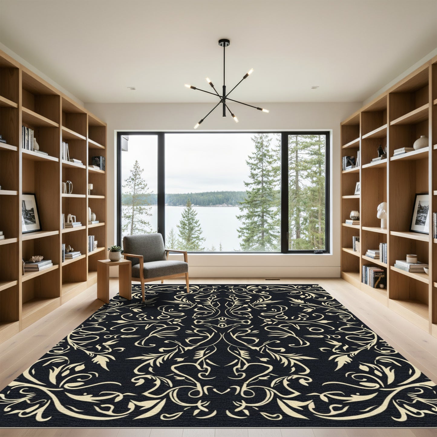 Cream Scrollwork Damask on Black Background Rug