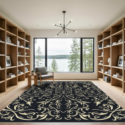 Cream Scrollwork Damask on Black Background Rug