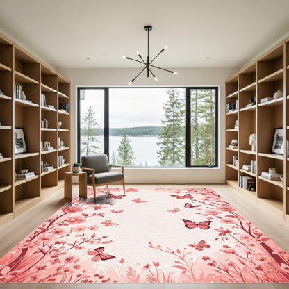 Whimsical Coral Butterfly Garden Blooms Rug