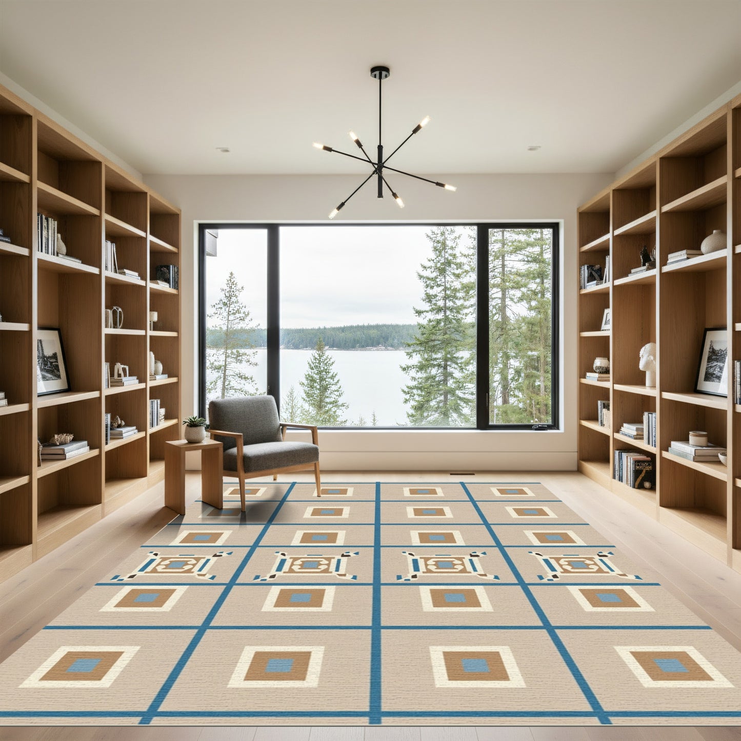 Geometric Blue Tan Square Repeat Rug