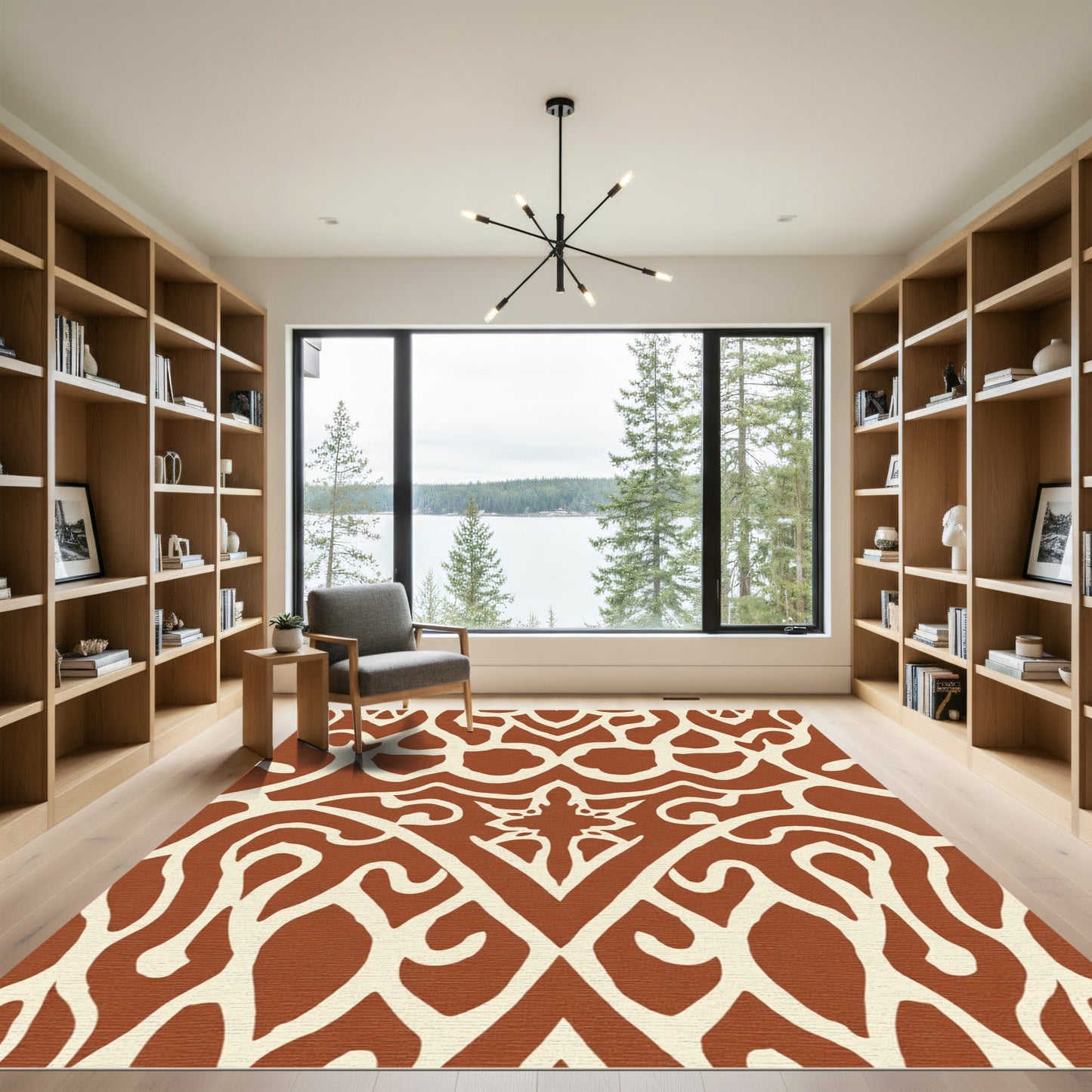 Terracotta And Cream Scrollwork Medallion Rug