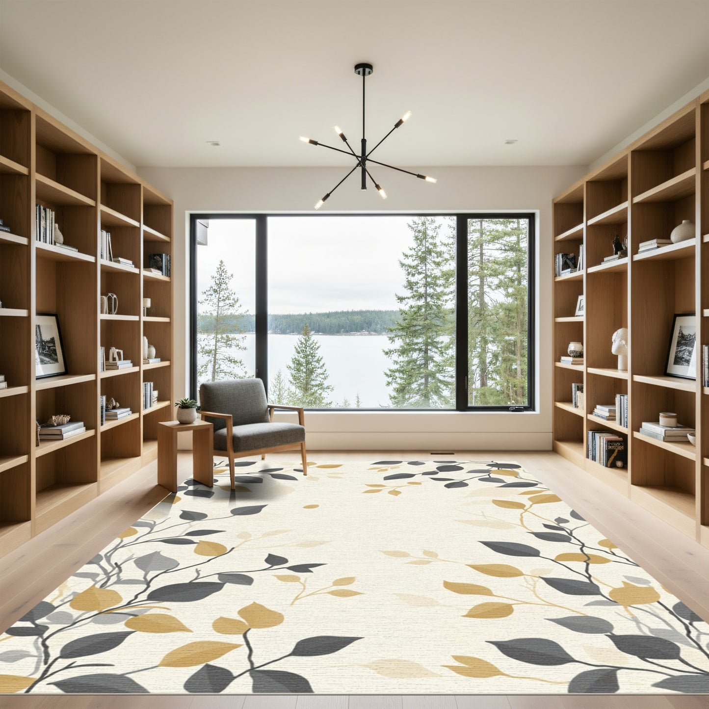Gold Grey Leaf Branches Border Rug
