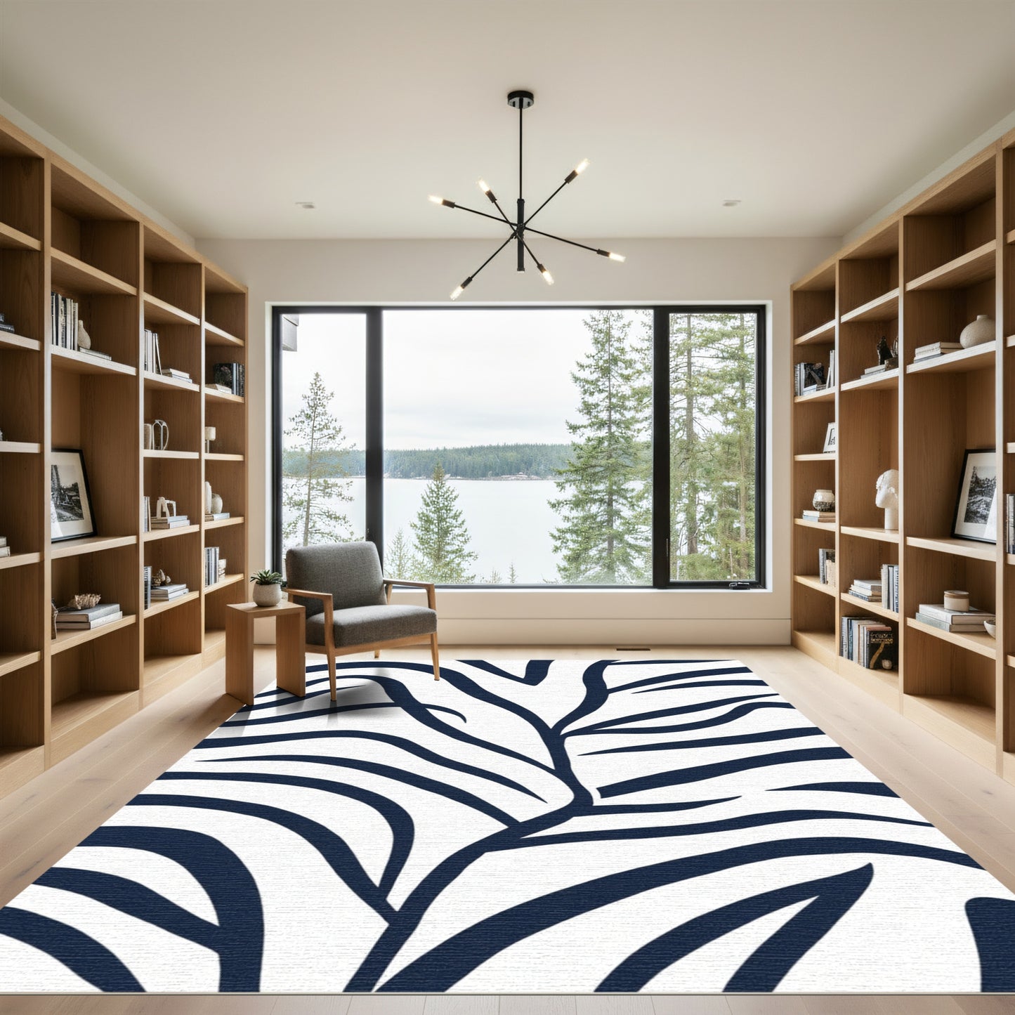 Deep Blue Organic Curve Lines Rug