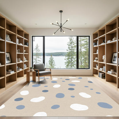 Neutral Beige Blue White Polka Dots Rug