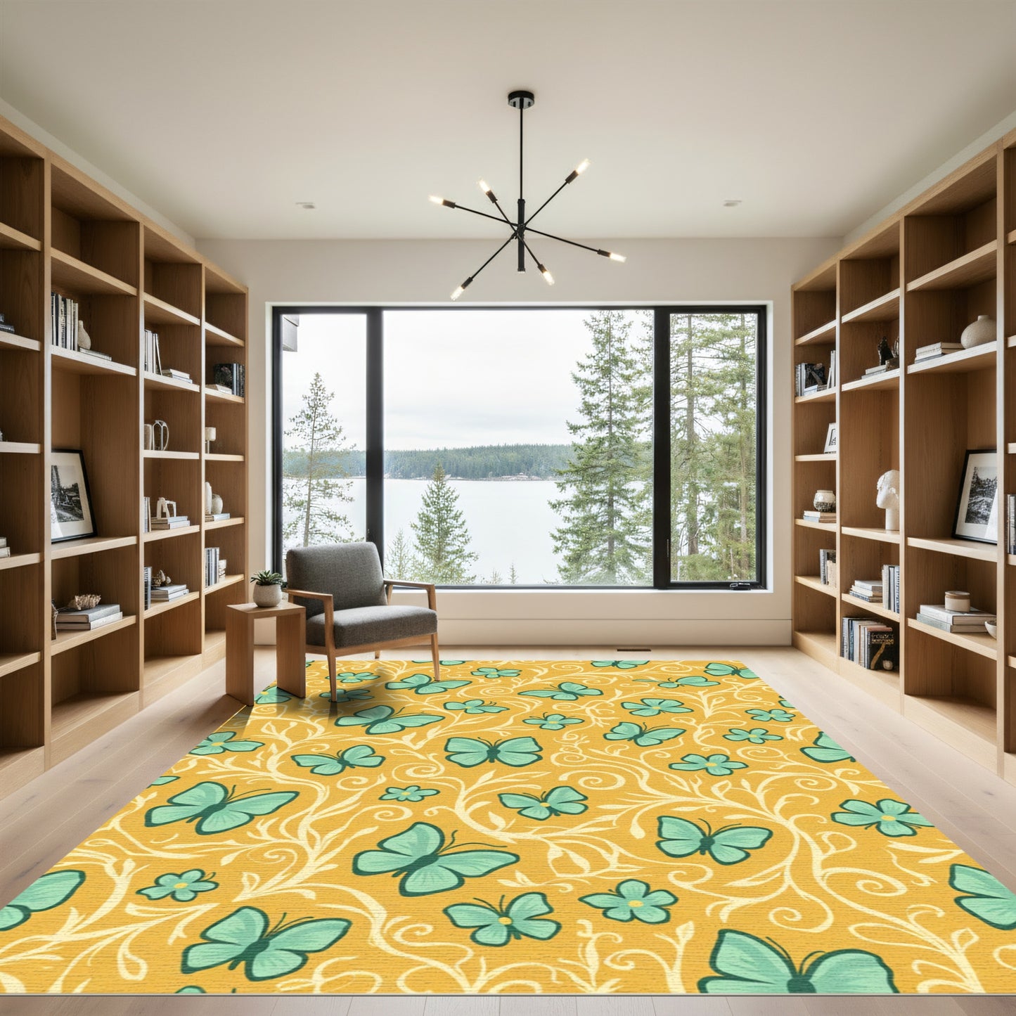 Golden Teal Butterfly Garden Swirl Rug