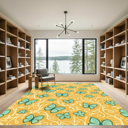 Golden Teal Butterfly Garden Swirl Rug