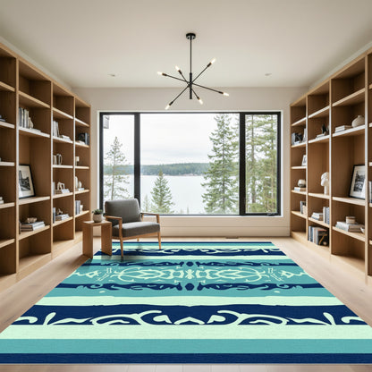 Deep Navy Teal Abstract Botanical Stripes Rug
