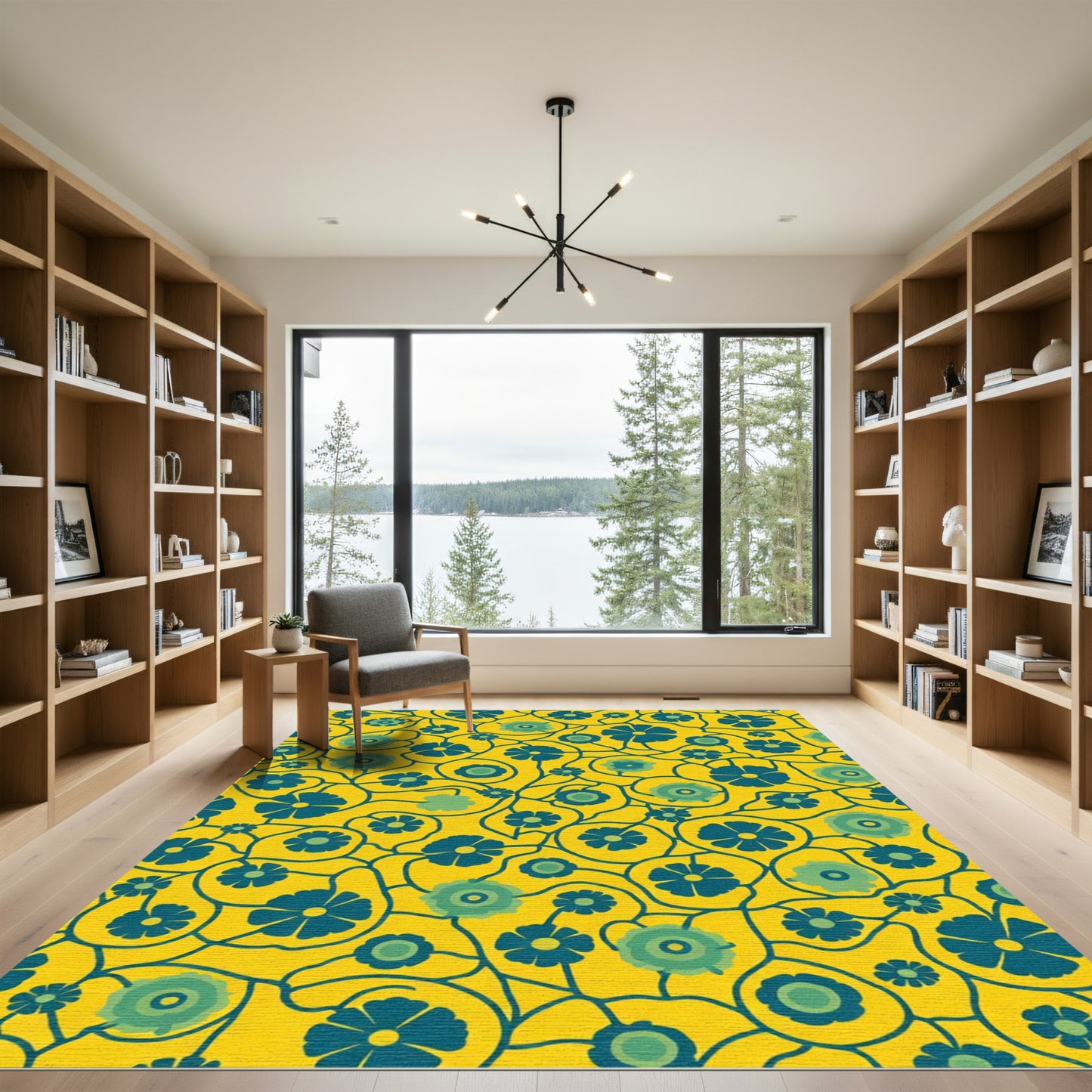 Yellow Navy Blue Floral Swirl Rug