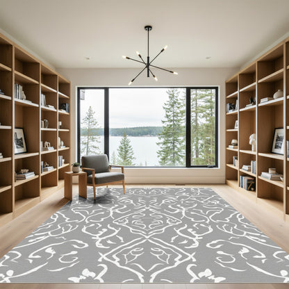 Gray White Organic Scroll Damask Rug