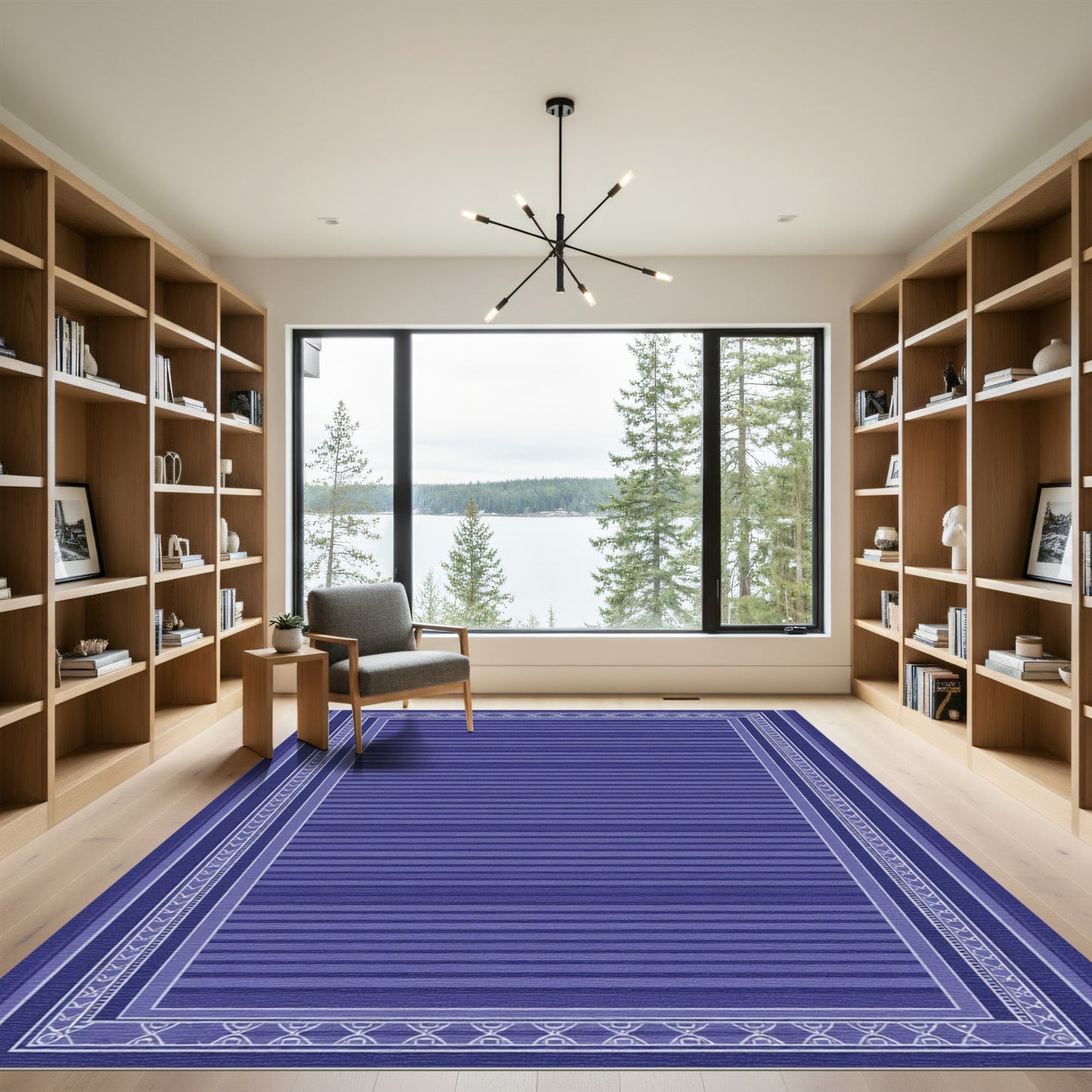 Deep Blue Striped Rectangular Border Rug