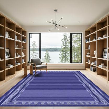 Deep Blue Striped Rectangular Border Rug
