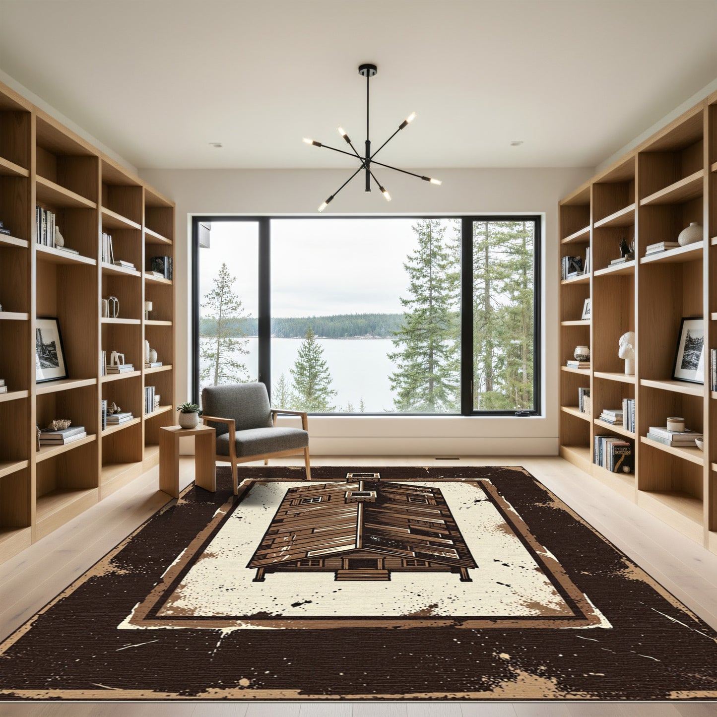 Rustic Wooden Cabin Textured Border Rug