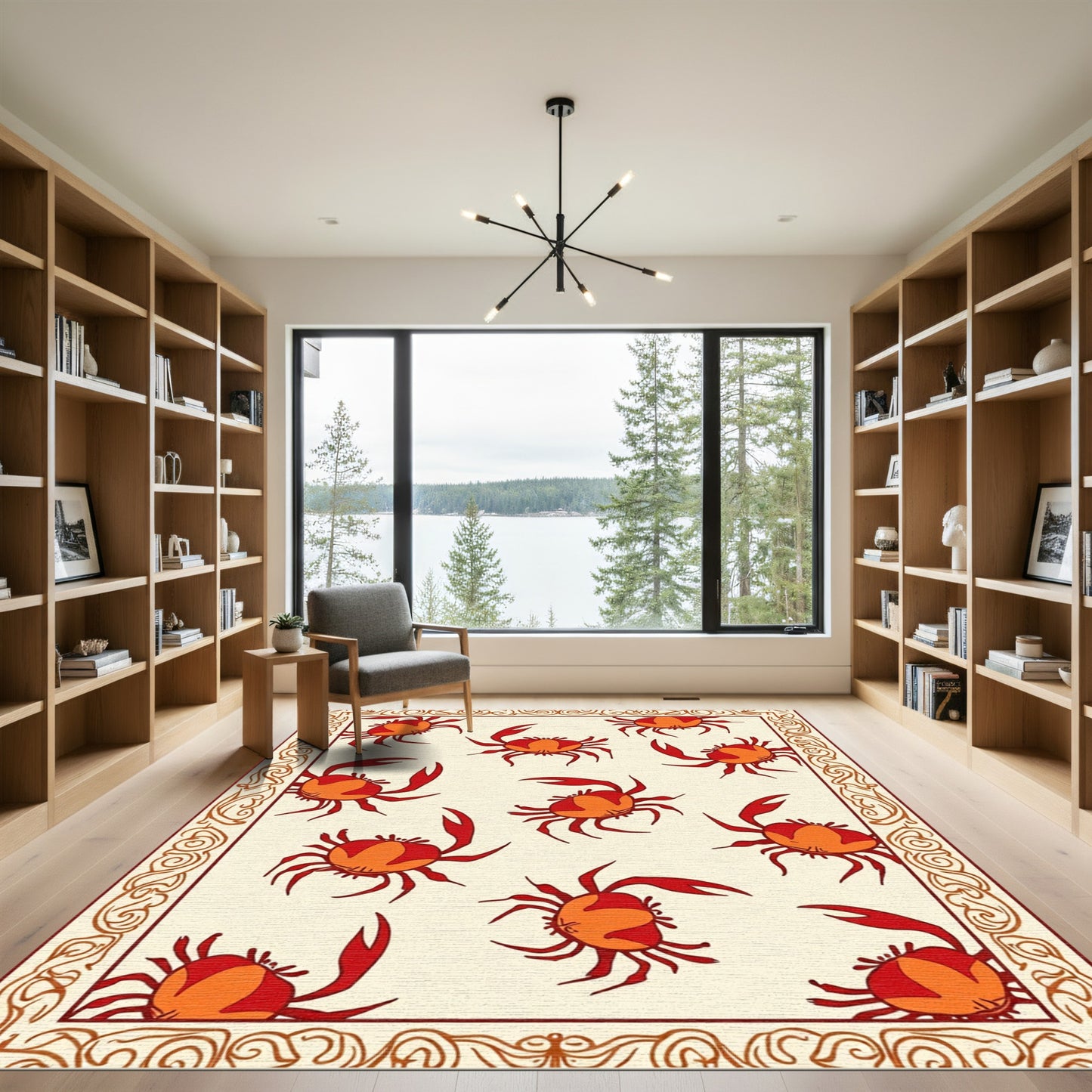 Red Orange Crab Motif With Border Rug