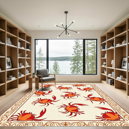 Red Orange Crab Motif With Border Rug