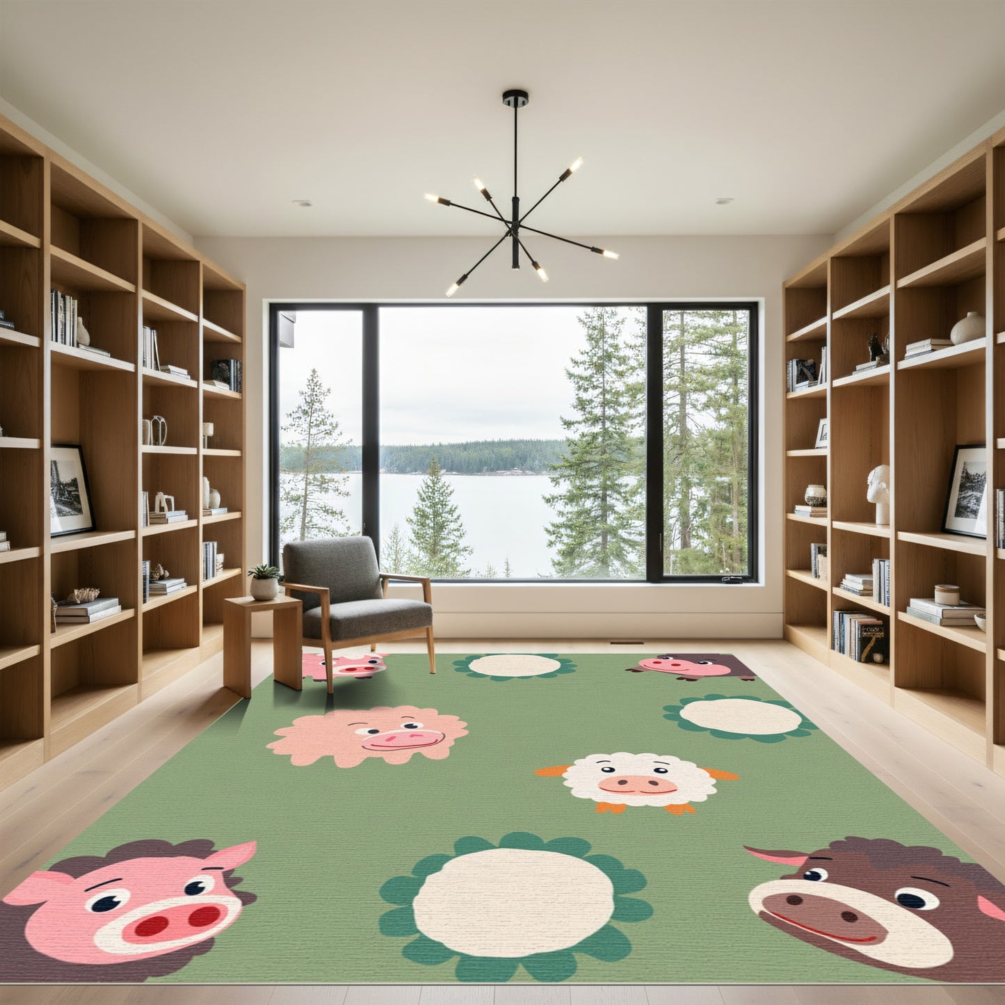 Whimsical Farm Animals Pink Blue Brown Rug