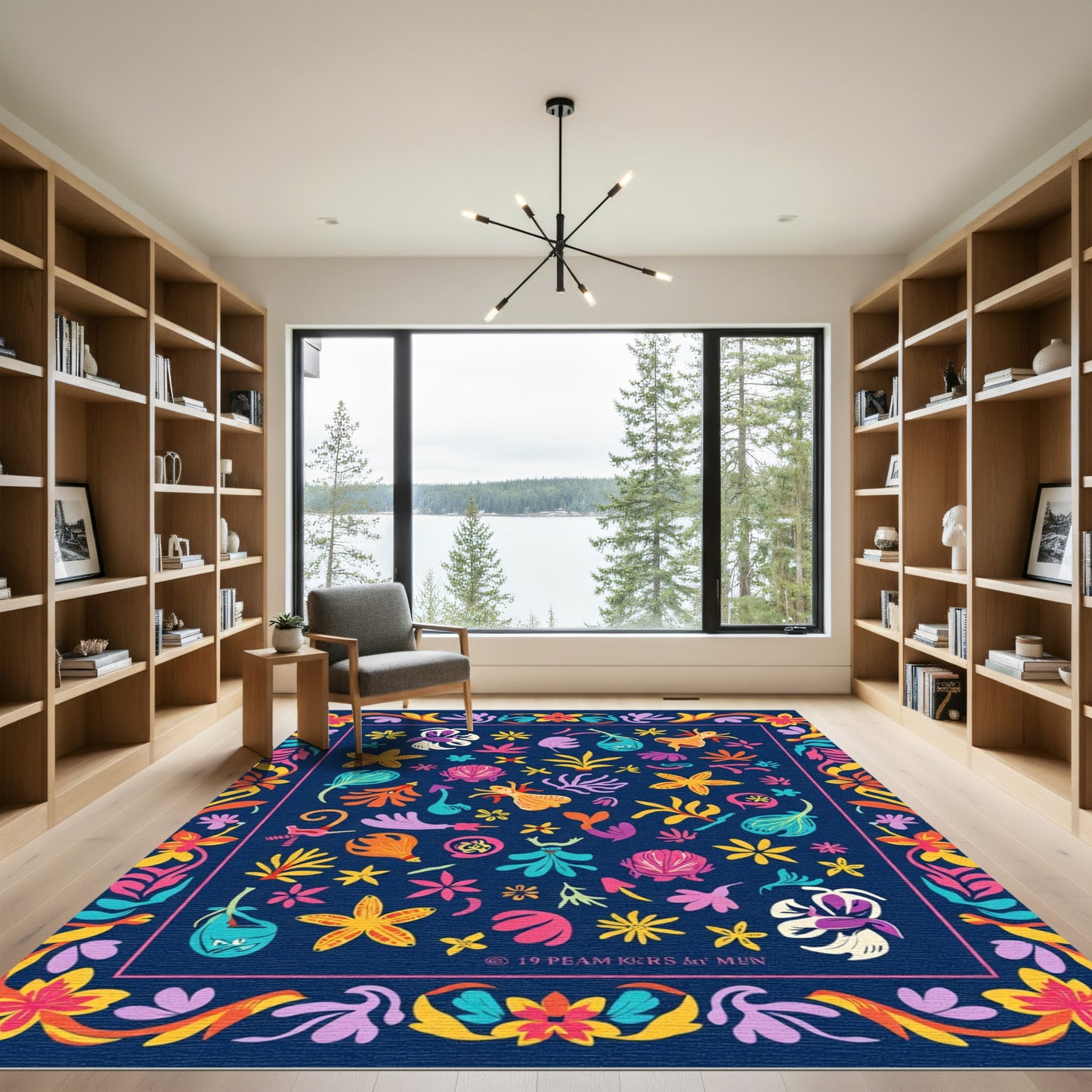 Whimsical Navy Aquatic Flower Collage Rug