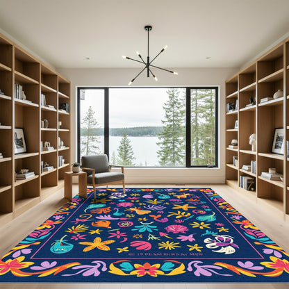 Whimsical Navy Aquatic Flower Collage Rug
