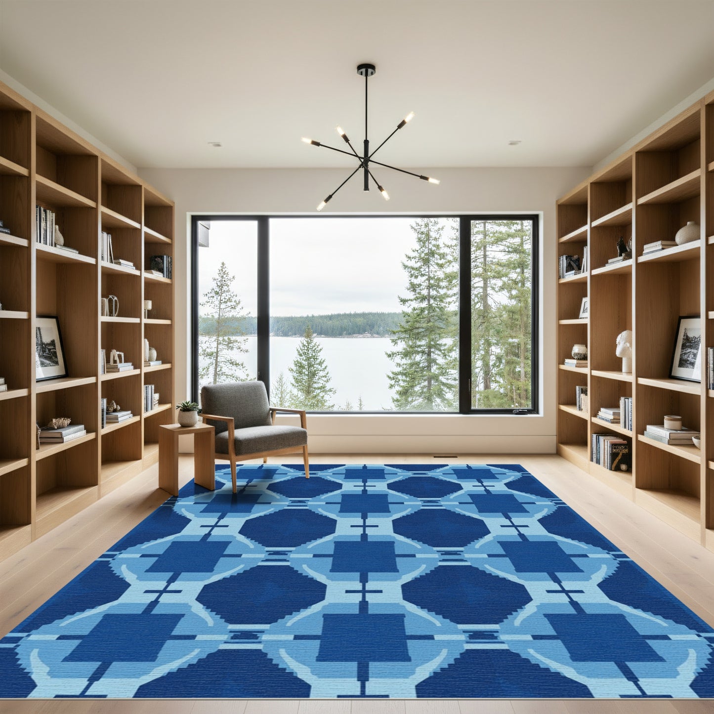 Geometric Deep Blue Square Lattice Rug