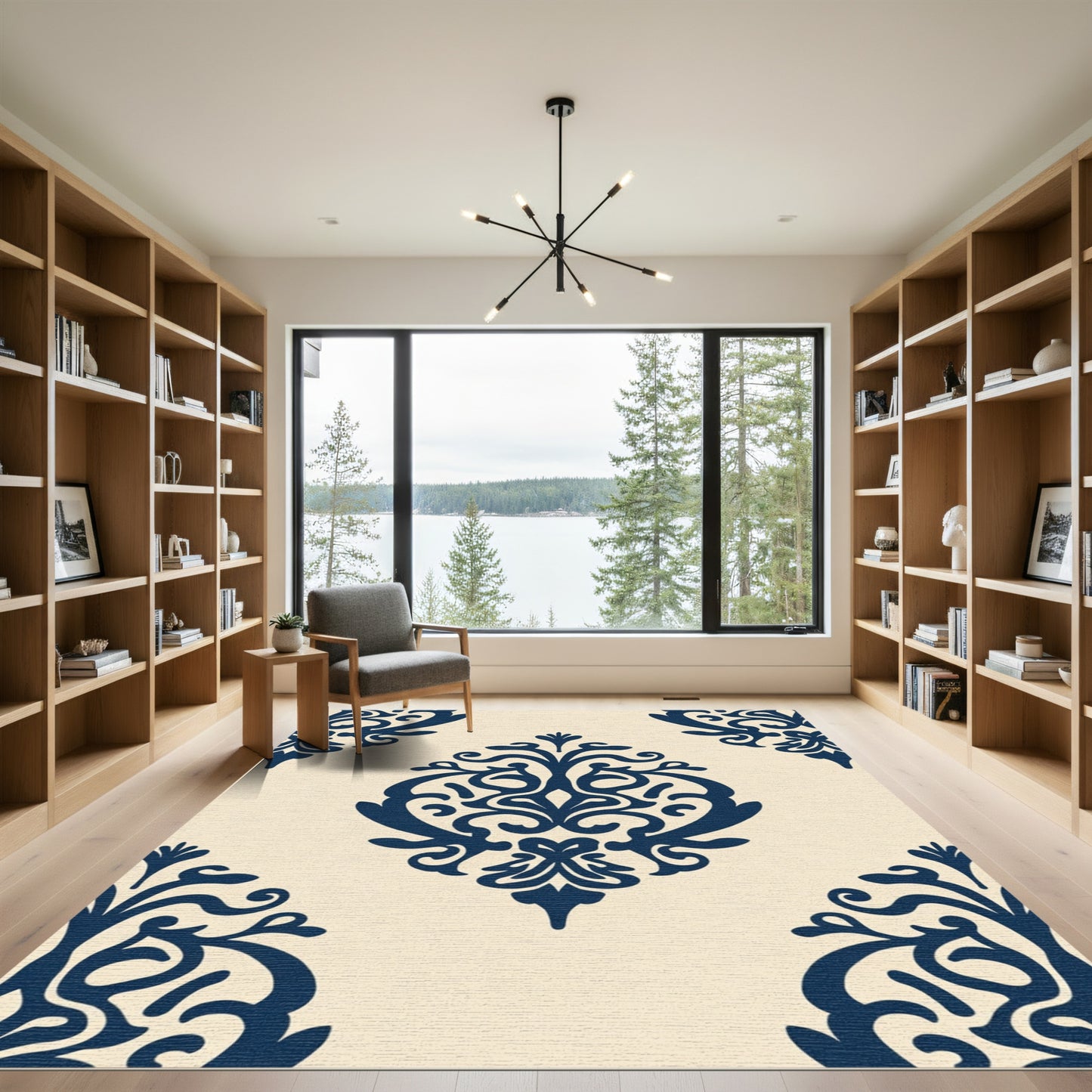 Navy Blue Damask Floral Medallion Rug