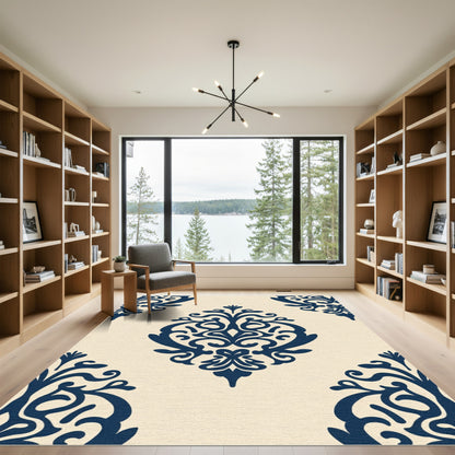 Navy Blue Damask Floral Medallion Rug