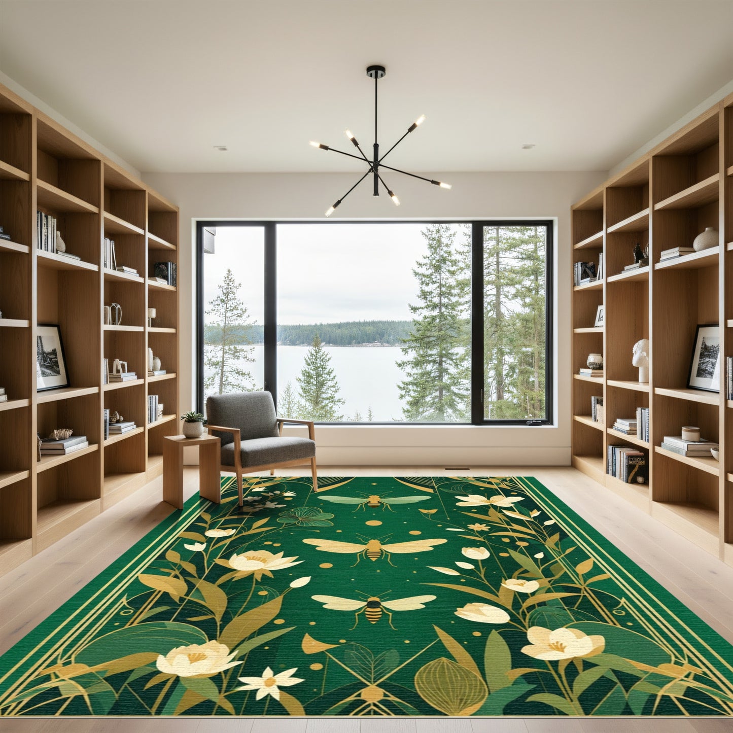 Emerald Green Gold Botanical Bee Rug