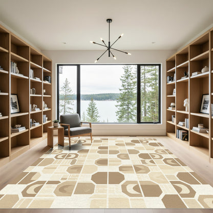 Neutral Geometric Octagon Grid Rug