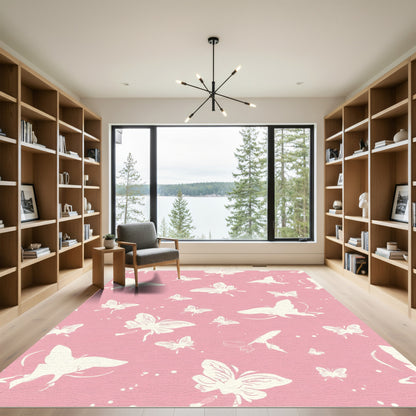 Cream Butterflies on Pink Background Rug
