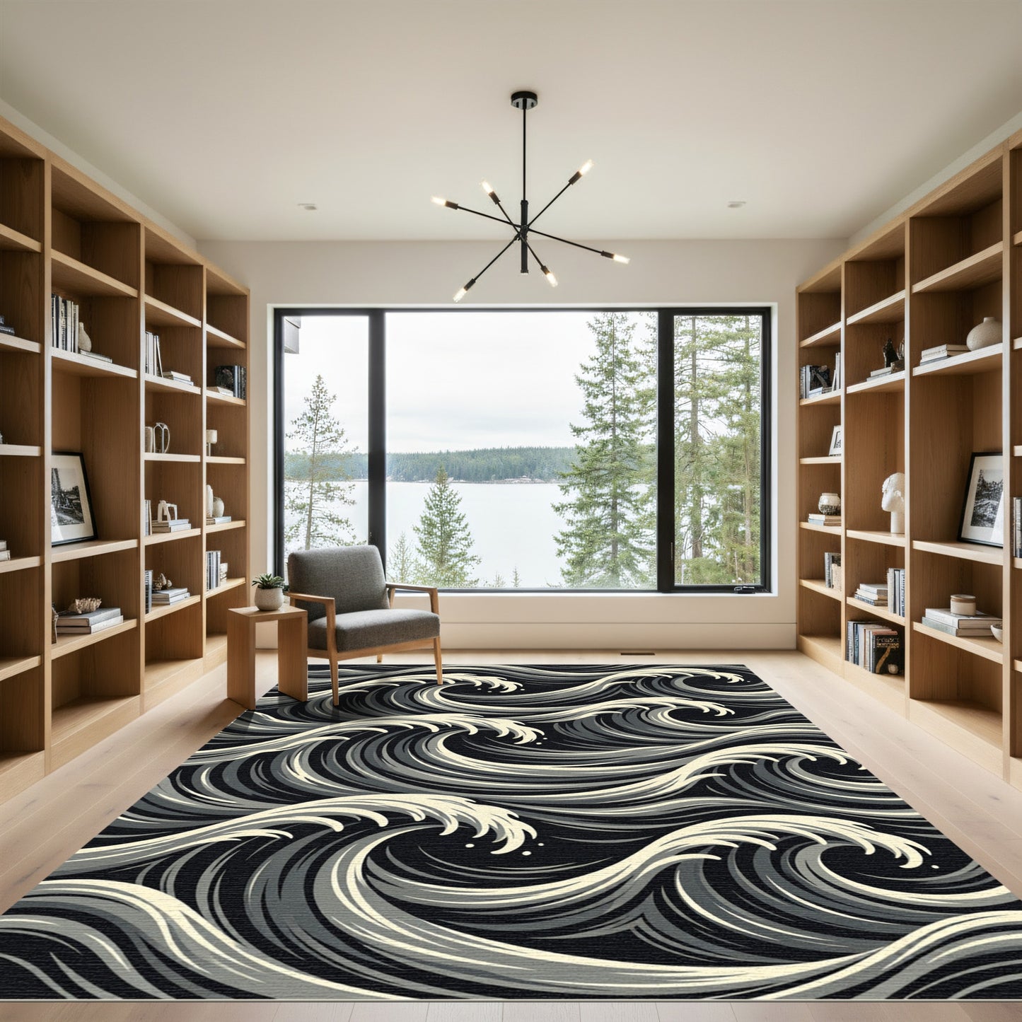 Dynamic Black White Ocean Waves Rug