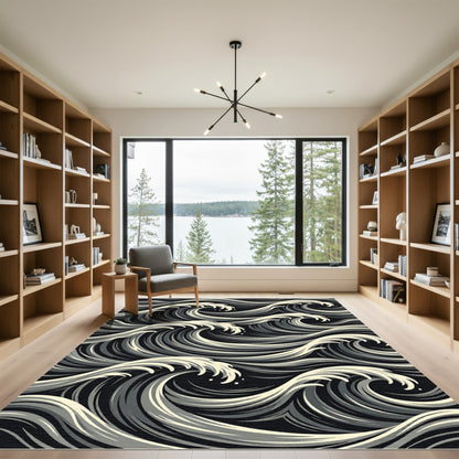 Dynamic Black White Ocean Waves Rug