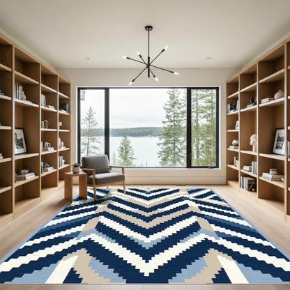 Navy Blue Beige Chevron Geometric Rug