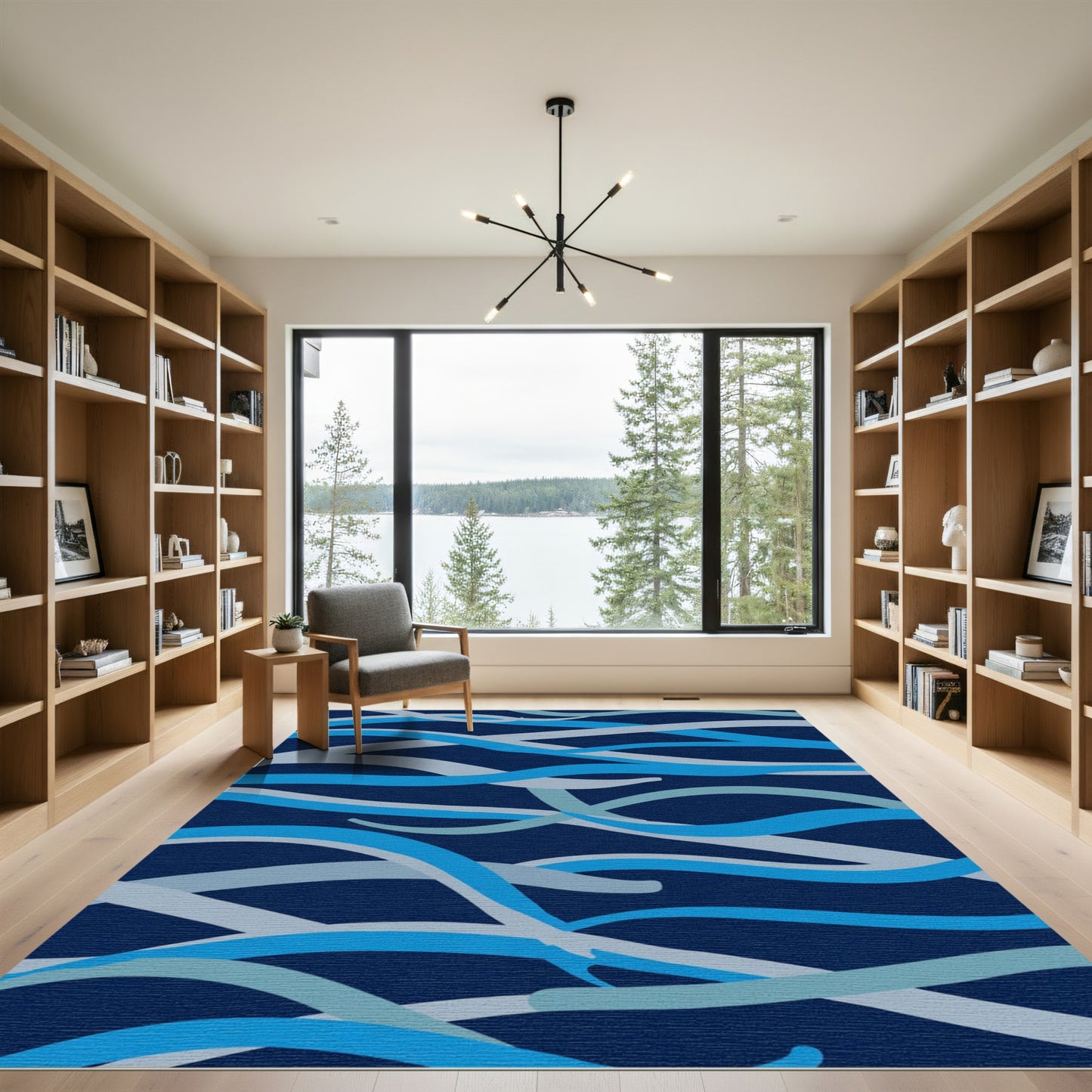 Navy Blue Abstract Wave Ribbon Rug