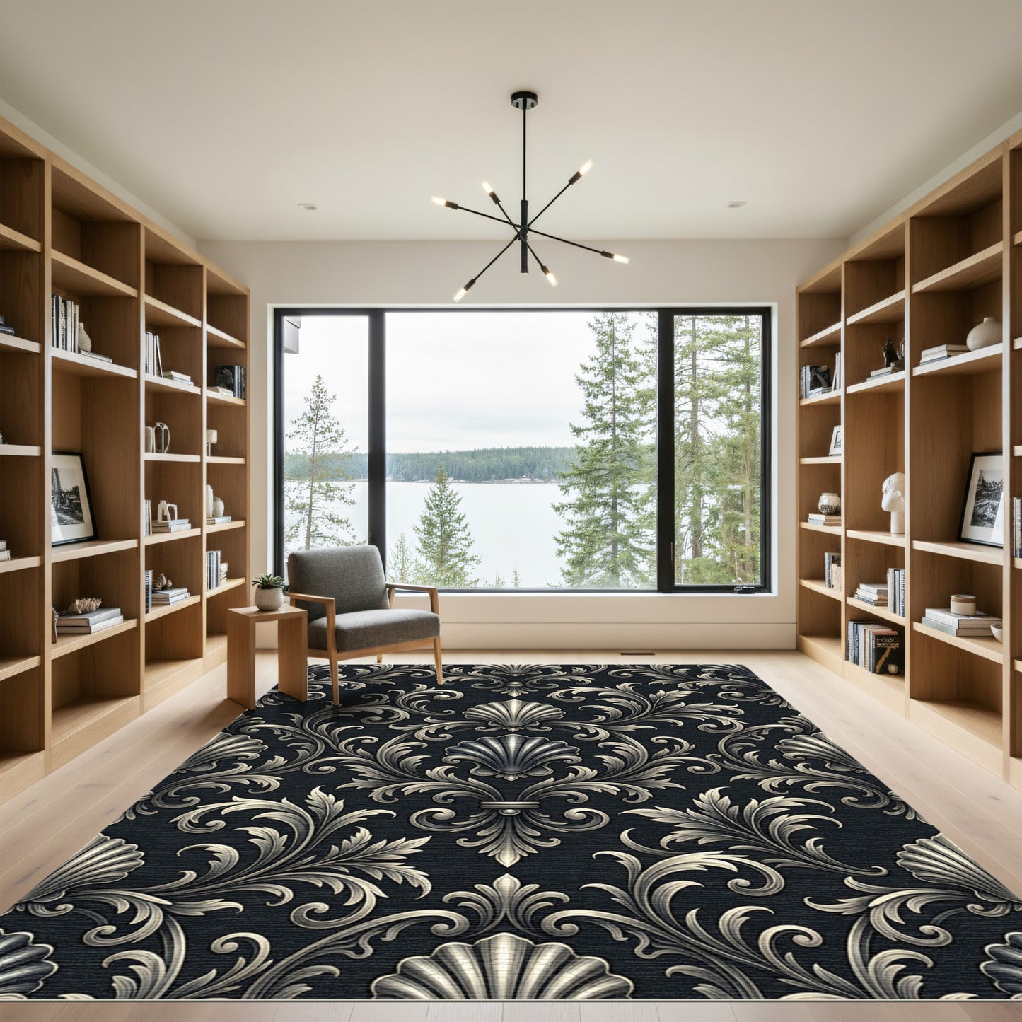 Ornate Black Shell Scroll Rug