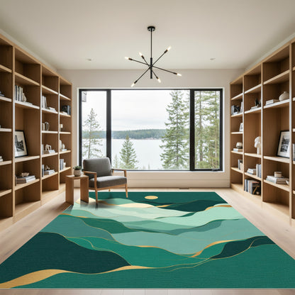Emerald Green Wavy Landscape Gold Trim Rug