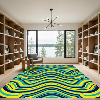 Vibrant Blue Yellow Wavy Stripes Rug