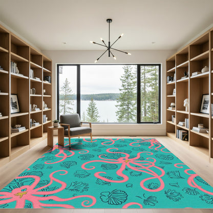 Pink Octopus Coral Teal Ocean Rug