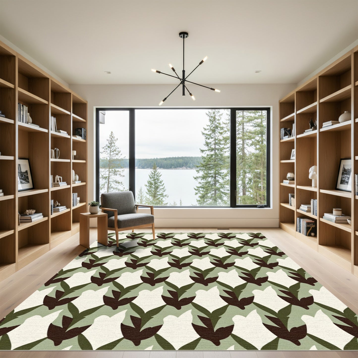 Earthy Green Tan Leaf Medallion Rug