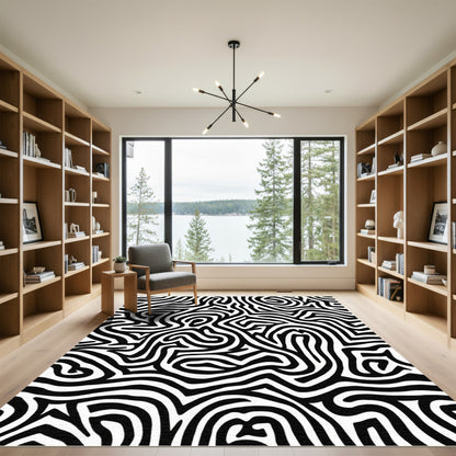 Bold Black White Abstract Maze Rug