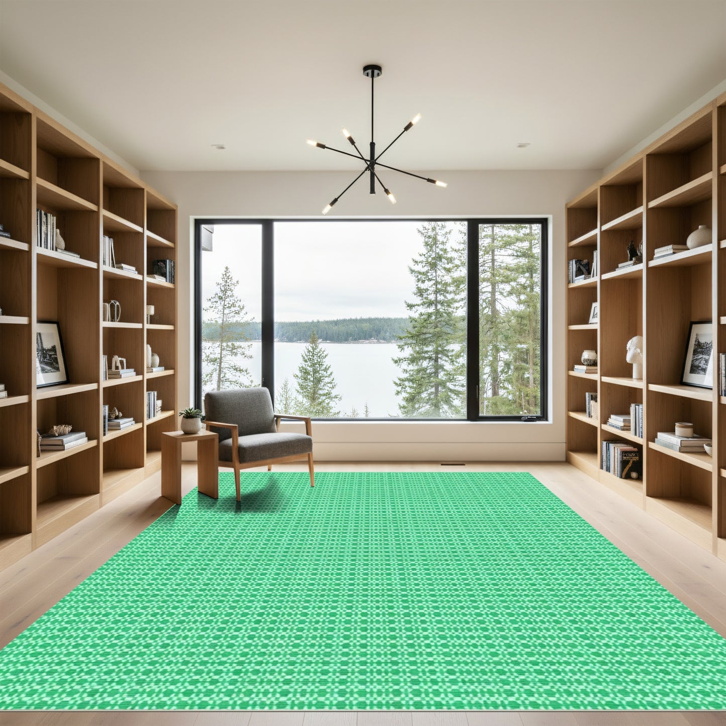 Bright Green Geometric Lattice Rug