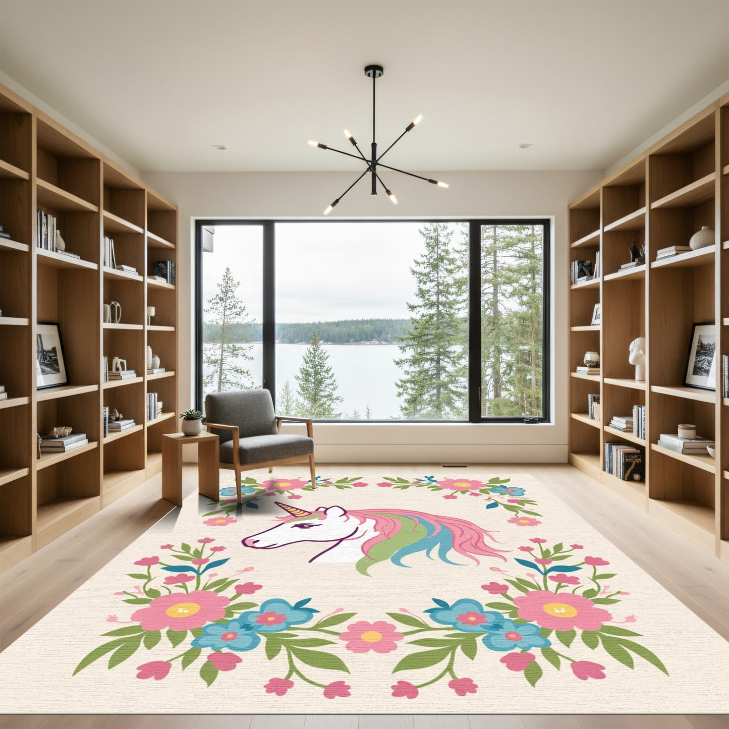 Pastel Unicorn Floral Wreath Accent Rug