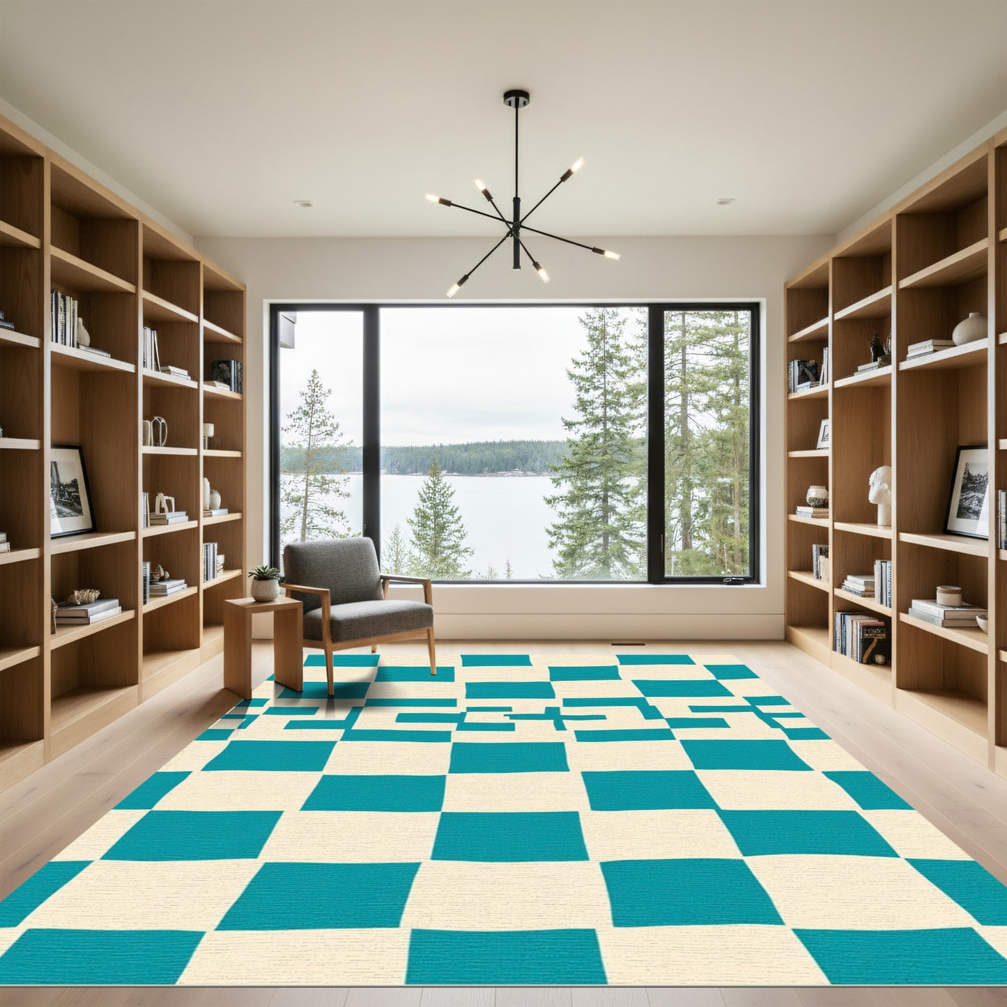 Aqua Cream Jagged Checkered Rug