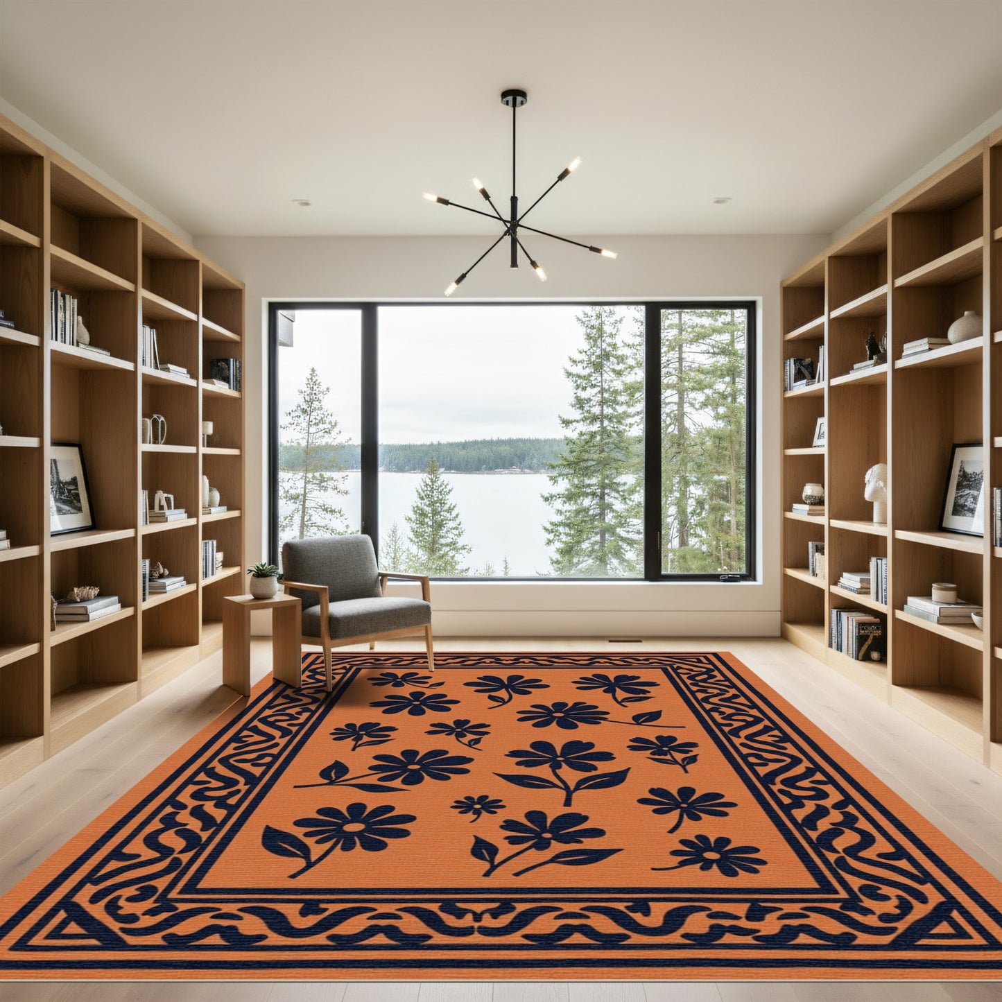 Orange Dark Blue Floral Medallion Rug