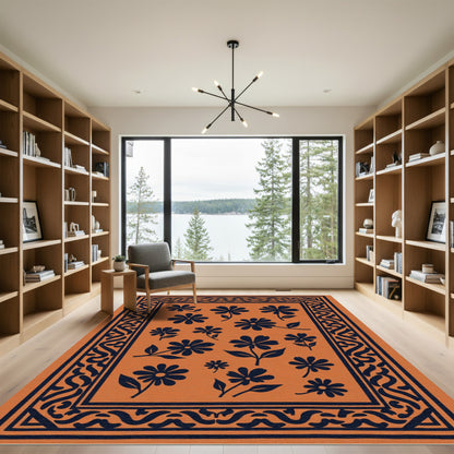 Orange Dark Blue Floral Medallion Rug