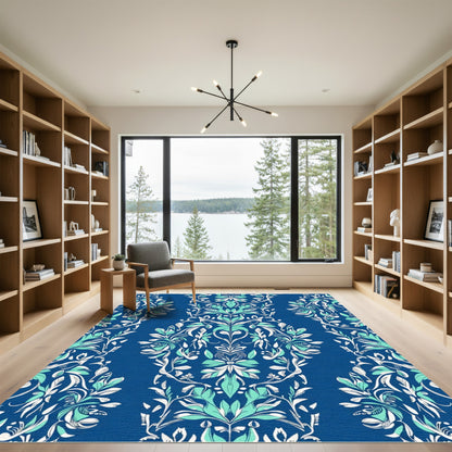 Classic Teal White Damask Floral Rug