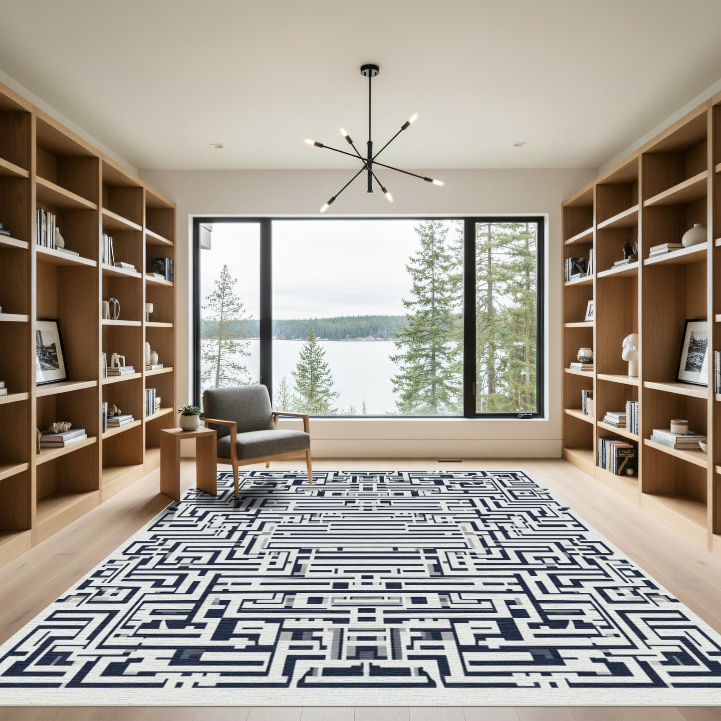 Navy White Geometric Maze Complex Rug