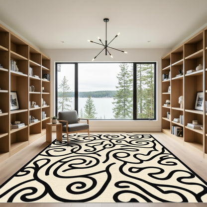 Cream Black Swirling Organic Flow Rug