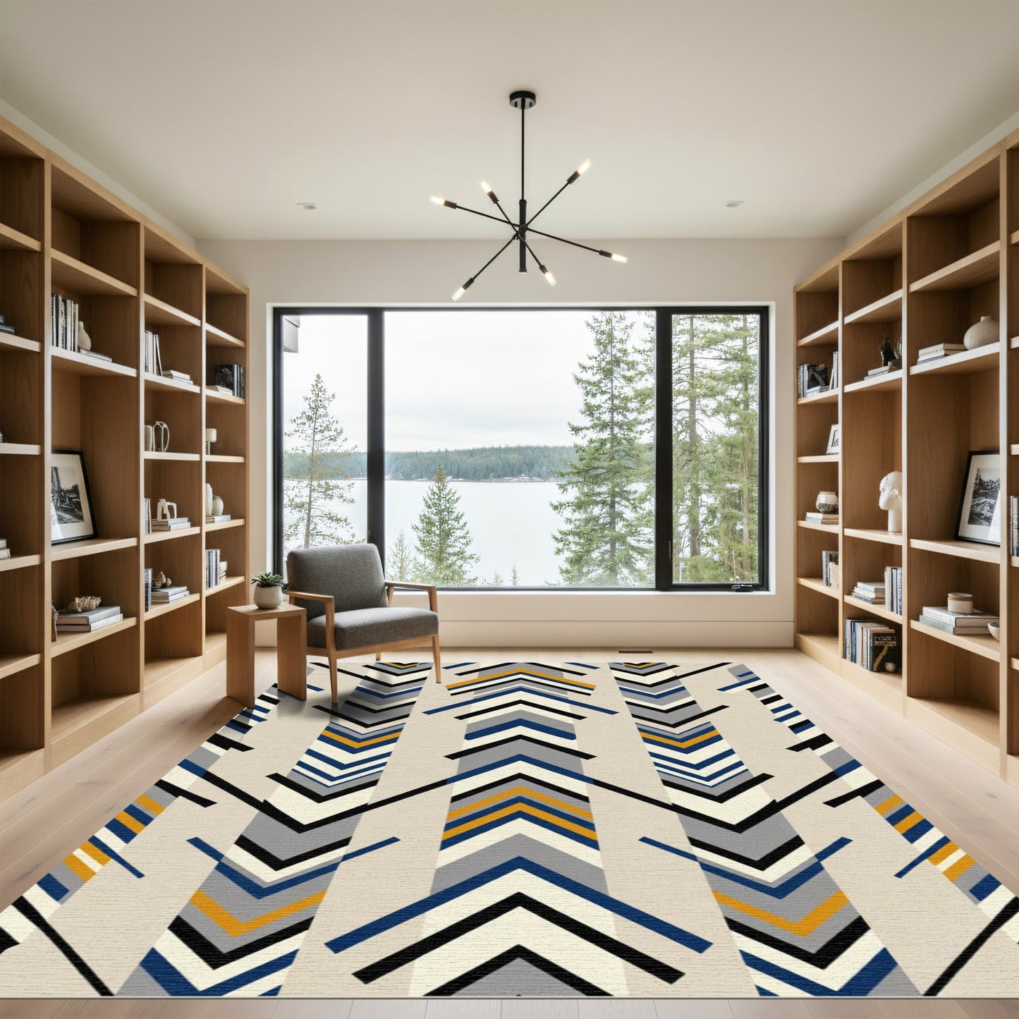 Modern Blue Gold Chevron Stripes Rug